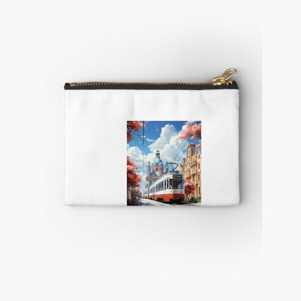 Item preview, a red and white train traveling past a tall building designed and sold by Dark Fantasy Store.