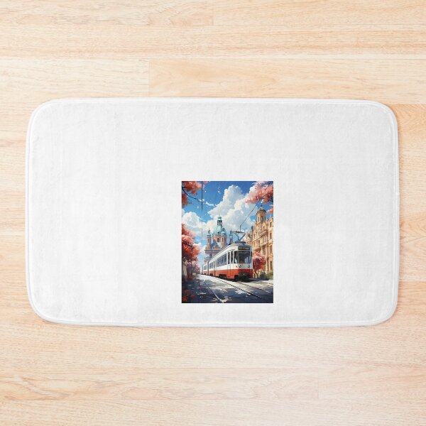 Item preview, a red and white train traveling past a tall building designed and sold by Dark Fantasy Store.