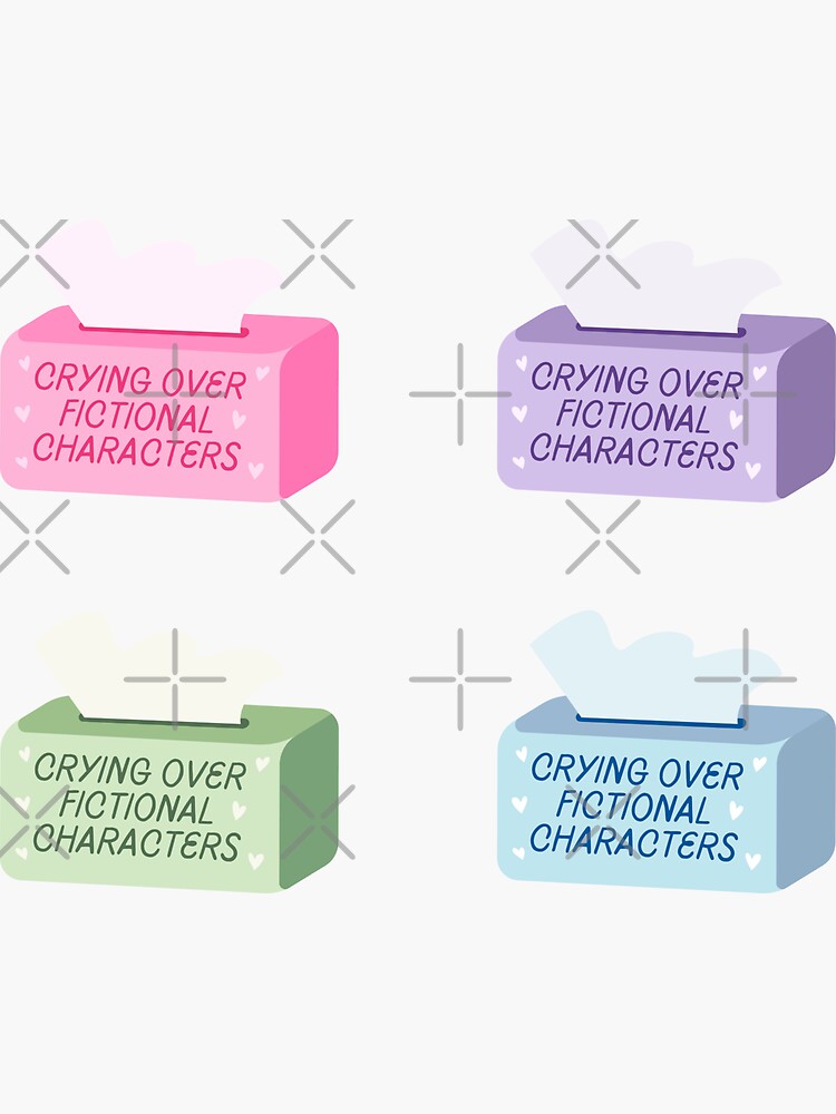 Thumbnail 3 of 3, Sticker, crying over fictional characters tissue box - pink, blue, green, purple pack designed and sold by catdiasart.
