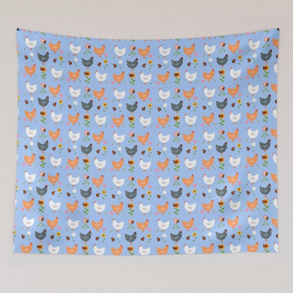 Item preview, Chickens in the Flower Garden on Blue designed and sold by DandelionDays.