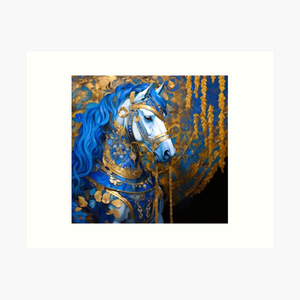 Aperçu de l'œuvre élégant cheval oriental décoratif sur fond bleu et or créée et vendue par YCChuang.