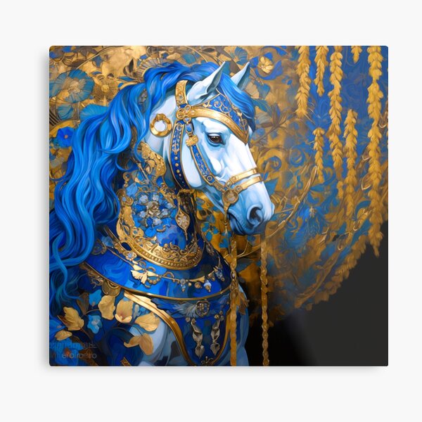 Aperçu de l'œuvre élégant cheval oriental décoratif sur fond bleu et or créée et vendue par YCChuang.