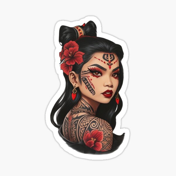 Vista previa del artículo con la obra «Tatuaje tradicional de hermosa chica filipina guerrera tribal vampiro, tatuada en negro y rojo», diseñado y vendido por Cesar Caligula.