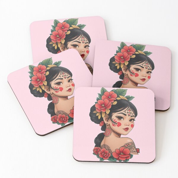 Item preview, Traditional Beautiful Tribal Cute Asian Filipina Girl, with Beautiful Red Flowers  Tattoo  designed and sold by Cesar Caligula.