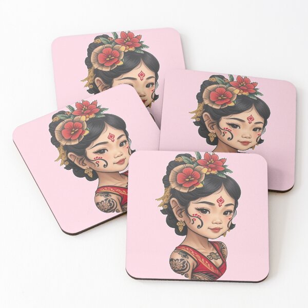 Item preview, Traditional Beautiful Tribal Cute Asian Filipina Little Girl, with Beautiful Orange Flowers  Tattoo  designed and sold by Cesar Caligula.