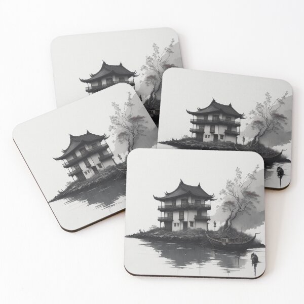 Item preview, Digital muted Chinese ink painting of an old cottage designed and sold by VirtualPalette.