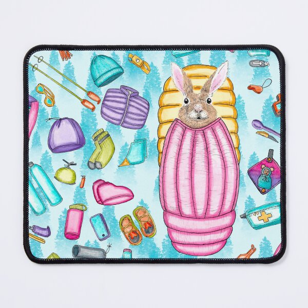 Item preview, Whimsical Backpacking Rabbit Gear Spread Tossed on Aqua designed and sold by Sockstomistic.
