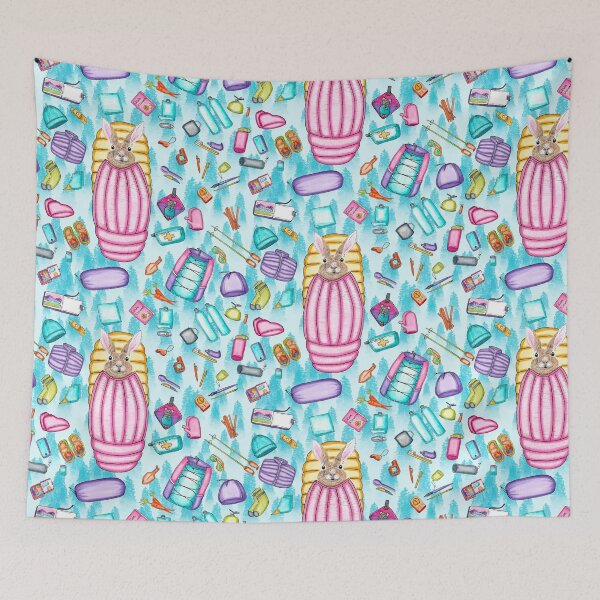 Item preview, Whimsical Backpacking Rabbit Gear Spread Tossed on Aqua designed and sold by Sockstomistic.