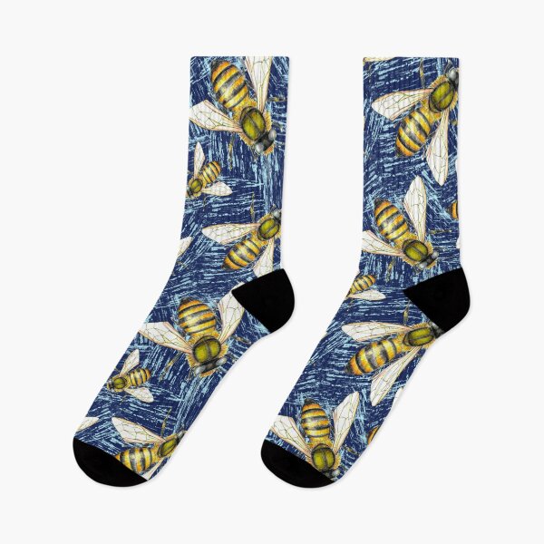 Item preview, Tossed illustrated honeybees on blue scratch designed and sold by Sockstomistic.