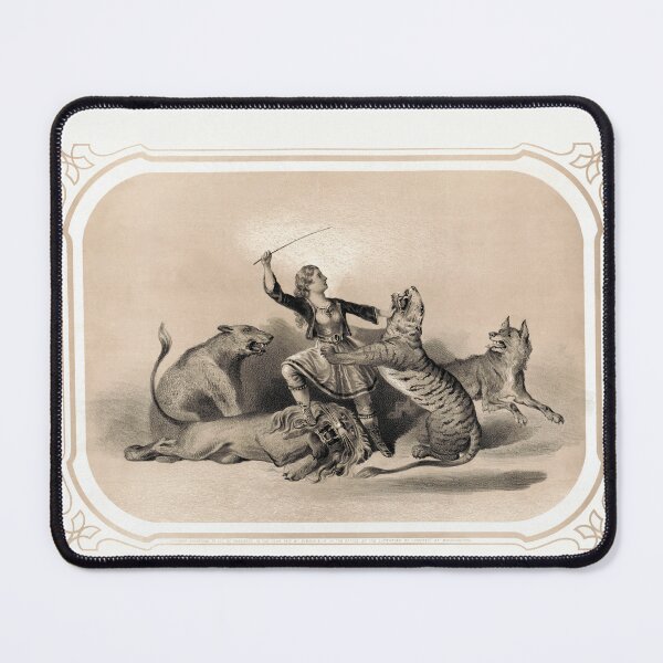 Item preview, STK501557A-Vintage print of a circus performer standing with a lion, a tiger, and wolves. designed and sold by StocktrekImages.