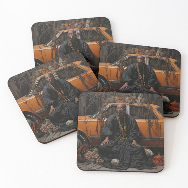 Item preview, Detachment, Black buddhist in black robes detaches from ropes attached to material goods and car designed and sold by jeanfmarc.