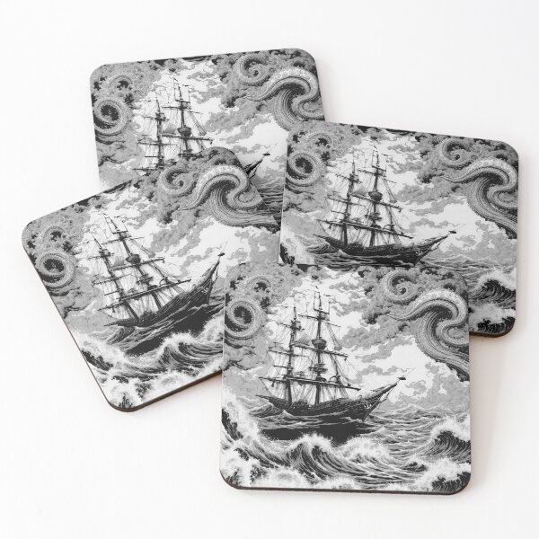 Item preview, Vintage Retro Ship In The Eye Of The Storm Line Art Drawing Black & White designed and sold by TriniTeeClub.