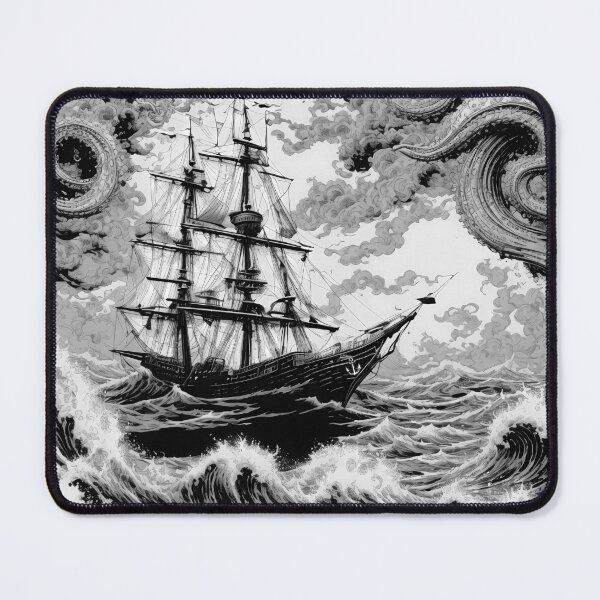 Item preview, Vintage Retro Ship In The Eye Of The Storm Line Art Drawing Black & White designed and sold by TriniTeeClub.