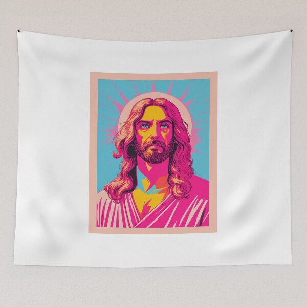 Item preview, Jesus Isolate portrait in Retro Risograph Style Pink yellow Cyan  designed and sold by Sashindra Wijayarathna.