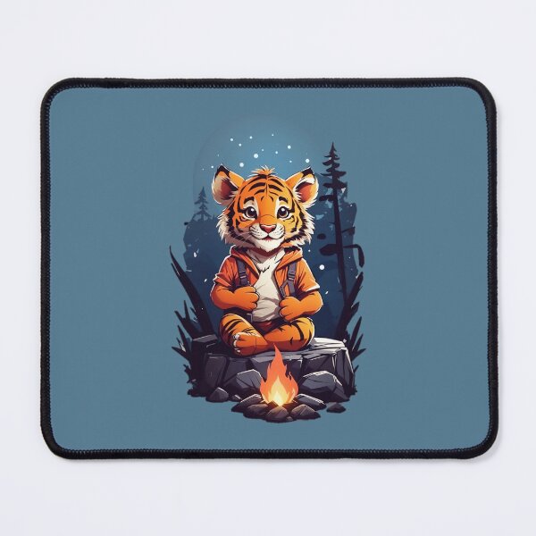 Item preview, Young tiger cub adventurer at campfire in forrest during a starry night cartoon comic graphic art designed and sold by CedricNorbinho.