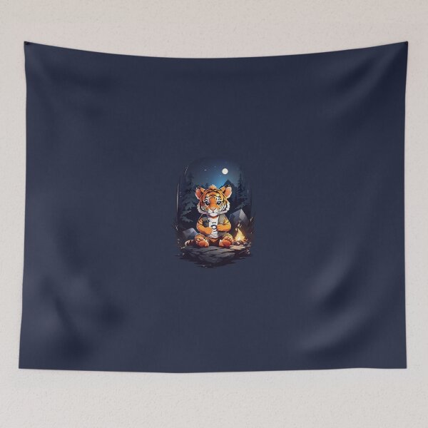 Item preview, Young tiger cub adventurer at campfire in forrest during a starry night cartoon comic graphic for kids designed and sold by CedricNorbinho.