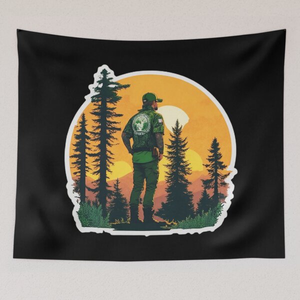 Item preview, Tattooed Hunter Looking At Sunset - Pine Forest Trip designed and sold by Ridiculam Toga.
