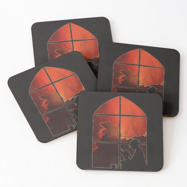 Item preview, Gold Reading Nook Silhouette Againt Vibrant Red Burning Sky, Original Acrylic Painting Art designed and sold by ClaireWArtwork.