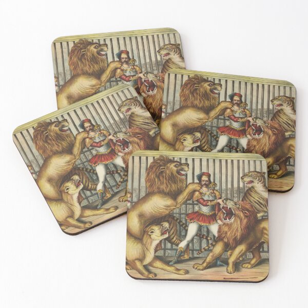 Item preview, STK501570A-Lion tamer in cage with two lions, a lioness, and two tigers. designed and sold by StocktrekImages.