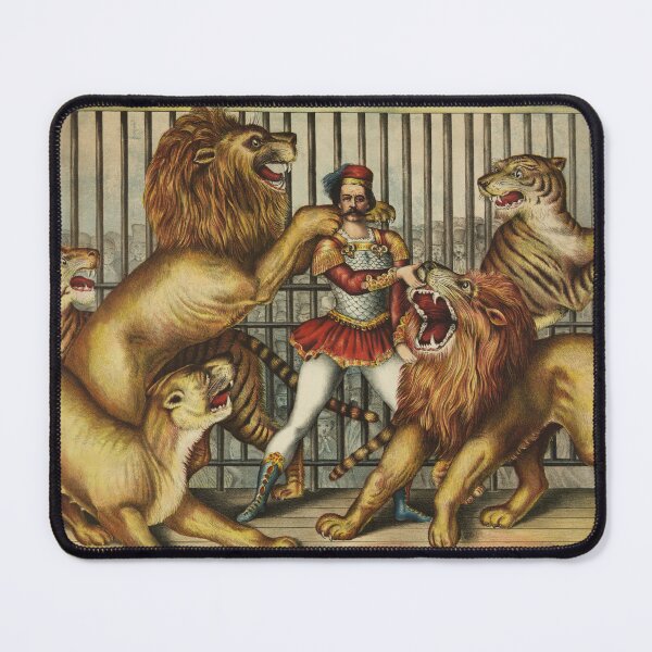 Item preview, STK501570A-Lion tamer in cage with two lions, a lioness, and two tigers. designed and sold by StocktrekImages.