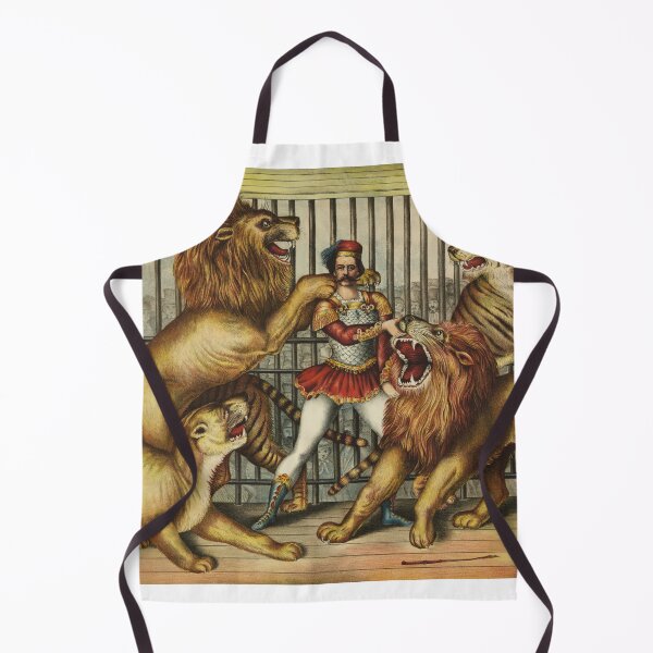 Item preview, STK501570A-Lion tamer in cage with two lions, a lioness, and two tigers. designed and sold by StocktrekImages.