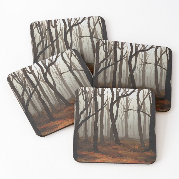 Item preview, Bare Trees in a Foggy Forest as Orange Autumn Leaves Cover the Ground, Original Acrylic Painting Art designed and sold by ClaireWArtwork.