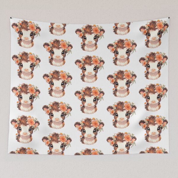 Aperçu de l'œuvre Cute Kawaii Cottagecore Baby Cow en fleurs d'été aux couleurs rustiques créée et vendue par CozyKawaiiArt.