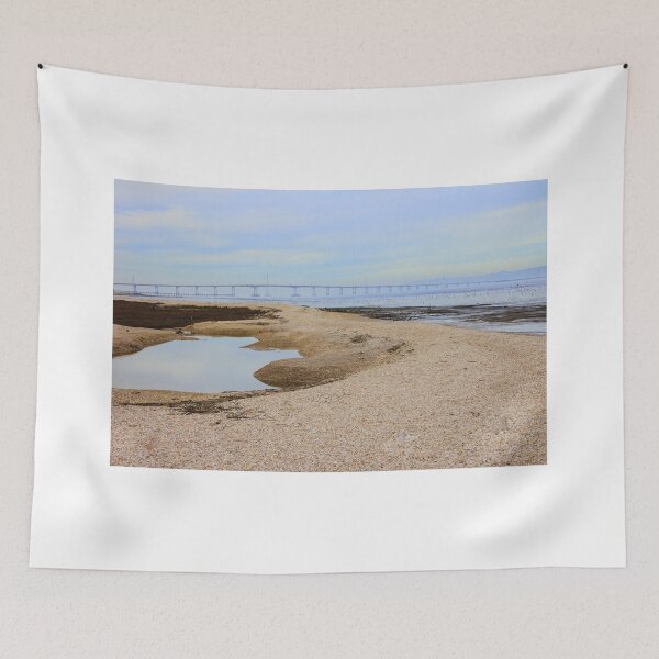 Item preview, San Mateo Hayward Bridge over bay with sand in foreground designed and sold by Fenderbender00.