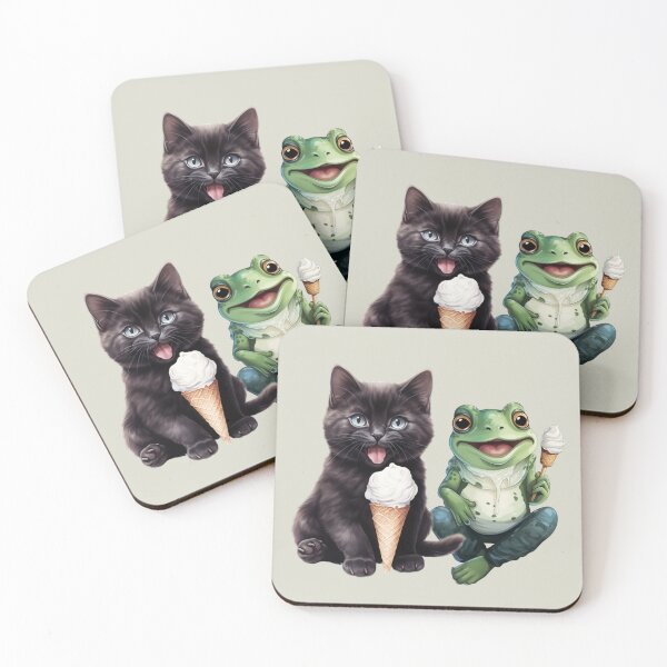 Item preview, CAT AND FROG  FRIENDS EATING ICECREAMS CUTE GIFTS  designed and sold by Filmharmony.