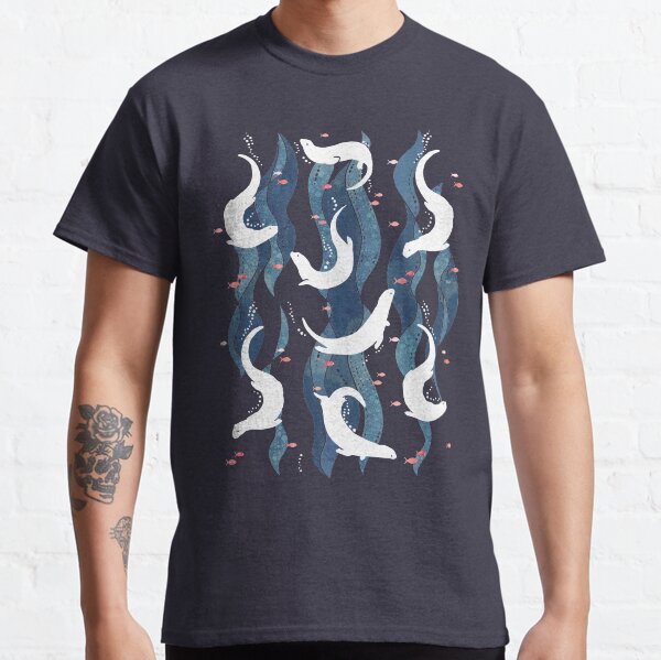 Swimming otters on navy blue Classic T-Shirt