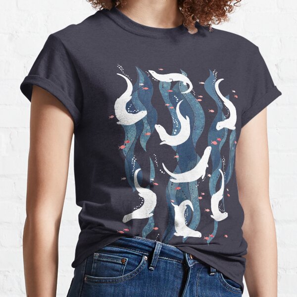 Swimming otters on navy blue Classic T-Shirt