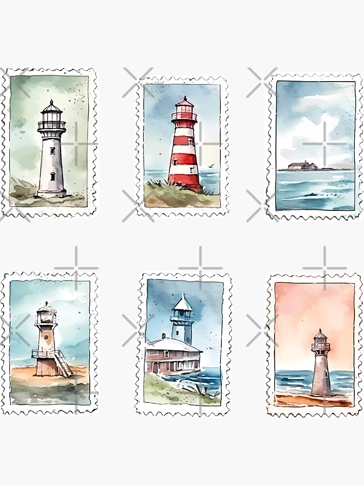 Watercolor Coastal Postage Stamps For Journaling Set, Scrapbook, Light  House, Boat, Nautical Sticker for Sale by gyenayme