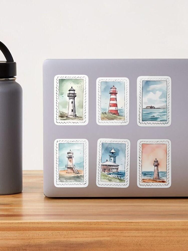 Watercolor Coastal Postage Stamps For Journaling Set