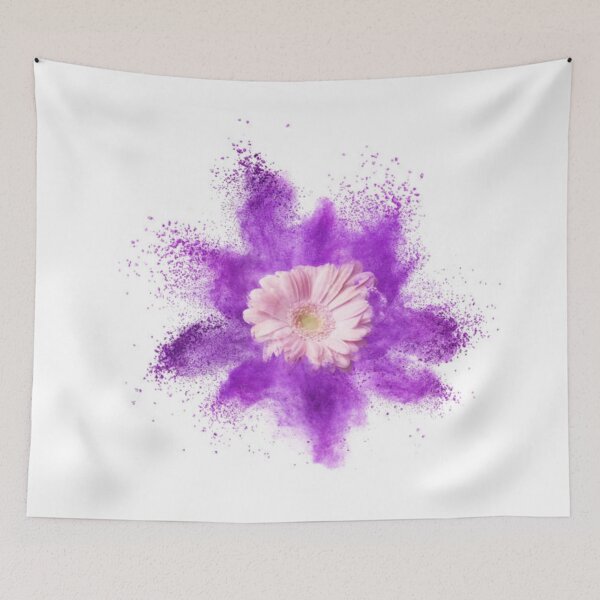 Item preview, Explosion of ultraviolet powder and pink gerbera flower on a white background designed and sold by MTShoppingLine.