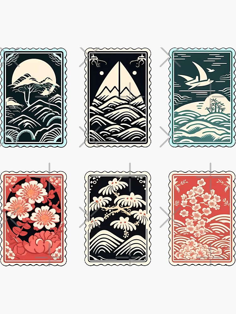 Japanese Coastal Postage Stamps For Journaling Set, Scrapbook, Waves, Tree, Floral Sticker for Sale by gyenayme