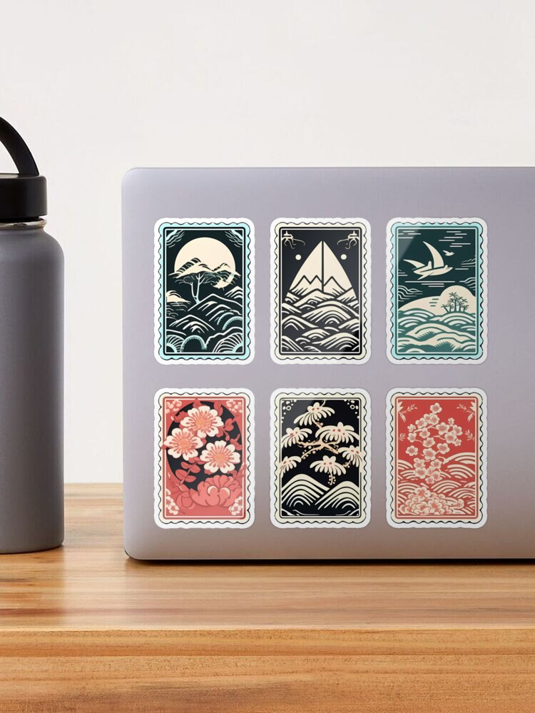 Japanese Coastal Postage Stamps For Journaling Set, Scrapbook, Waves, Tree, Floral Sticker for Sale by gyenayme