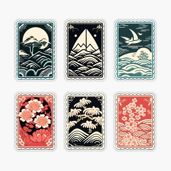 Japanese Coastal Postage Stamps For Journaling Set, Scrapbook, Waves, Tree, Floral Sticker for Sale by gyenayme