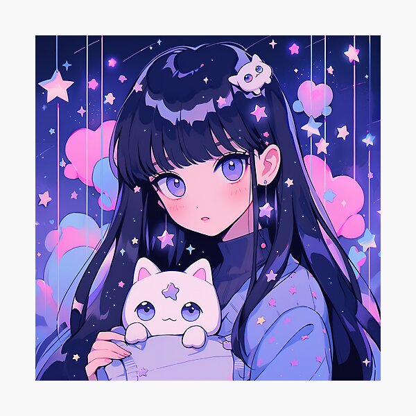 Vista previa del artículo con la obra «Linda chica de anime rosa púrpura con su gatito», diseñado y vendido por bubblegoth.