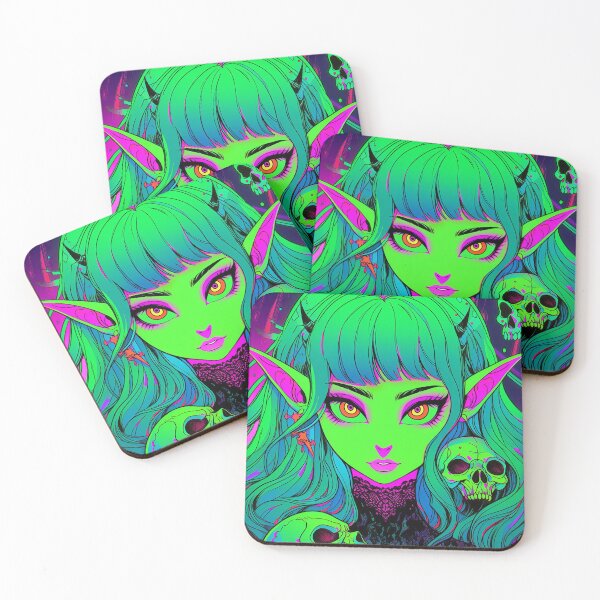 Item preview, Bright Green Demon Anime Girl and Skulls designed and sold by bubblegoth.