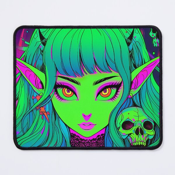 Item preview, Bright Green Demon Anime Girl and Skulls designed and sold by bubblegoth.