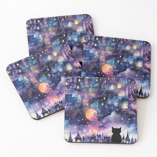 Item preview, Night Watch: Cat Guardian Watching Over a Sleepy Town Watercolor designed and sold by Alcyonian.
