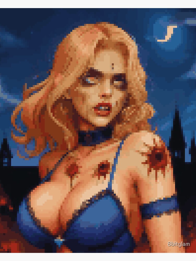 Thumbnail 3 of 3, Sticker, Horror Zombie Retro Pixel Art Blue Dress Blonde Girl designed and sold by 8bitglam.