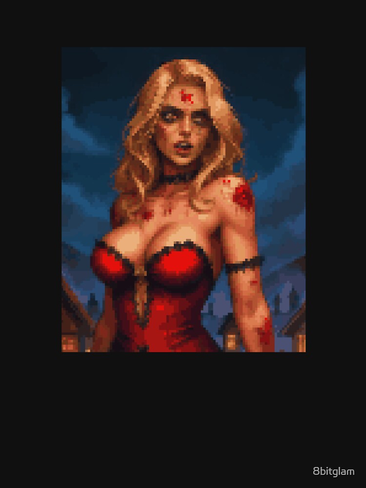 Thumbnail 7 of 7, Classic T-Shirt, Horror Zombie Retro Pixel Art Red Dress Blonde Girl designed and sold by 8bitglam.