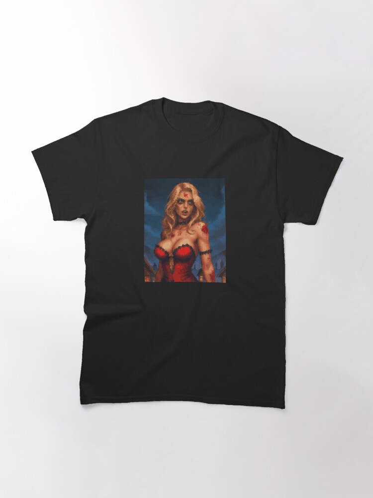 Thumbnail 3 of 7, Classic T-Shirt, Horror Zombie Retro Pixel Art Red Dress Blonde Girl designed and sold by 8bitglam.