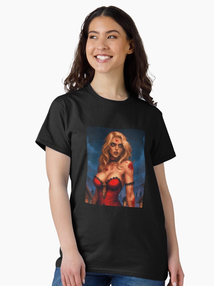Thumbnail 2 of 7, Classic T-Shirt, Horror Zombie Retro Pixel Art Red Dress Blonde Girl designed and sold by 8bitglam.
