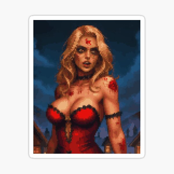 Horror Zombie Retro Pixel Art Red Dress Blonde Girl Sticker
