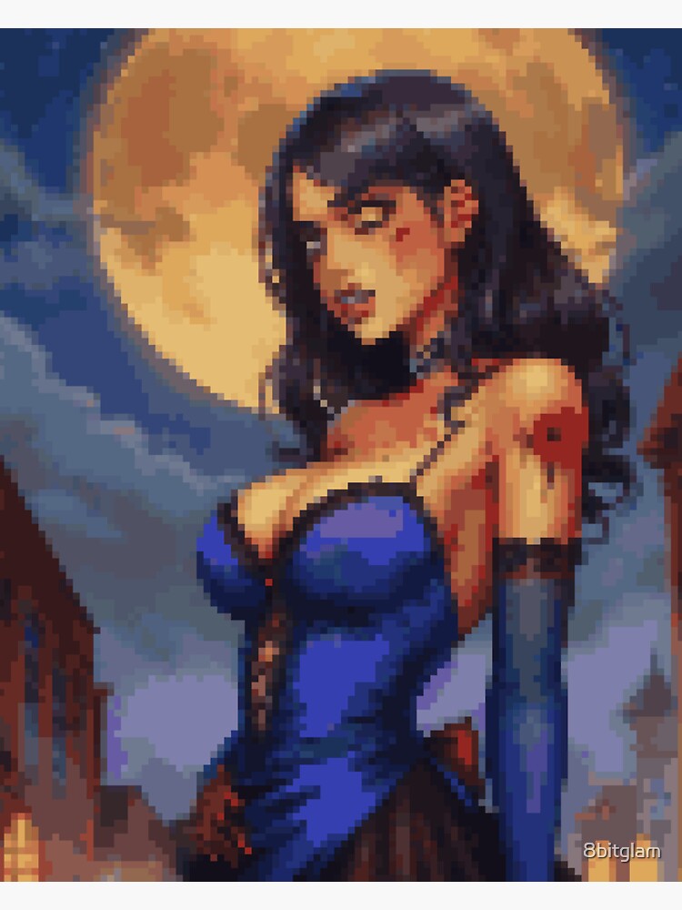 Thumbnail 3 of 3, Sticker, Horror Zombie Retro Pixel Art Blue Dress Purple Hair Girl designed and sold by 8bitglam.