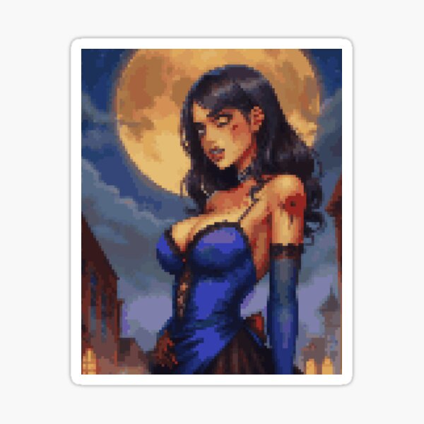 Horror Zombie Retro Pixel Art Blue Dress Purple Hair Girl Sticker