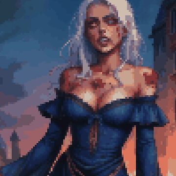 Artwork thumbnail, Horror Zombie Retro Pixel Art Blue Dress White Hair Girl by 8bitglam
