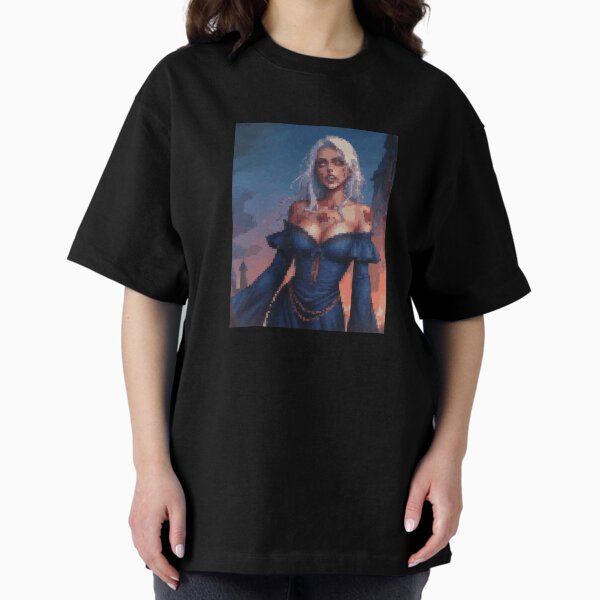Horror Zombie Retro Pixel Art Blue Dress White Hair Girl Oversized T-Shirt